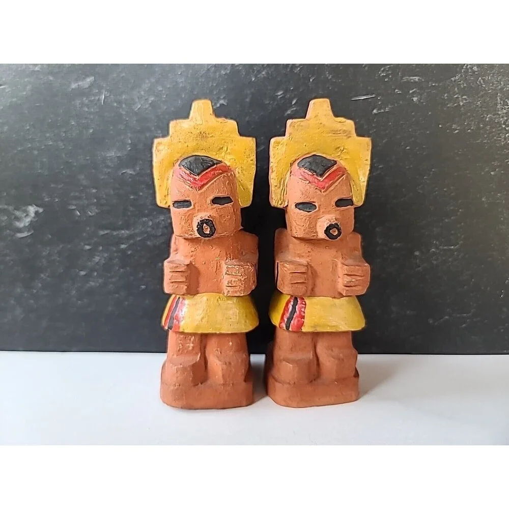 Vintage Clay Totem Style Salt And Pepper Shakers, READ